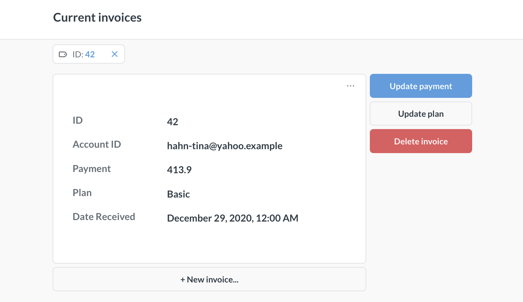 Dashboard with filter, action button, and detail card view
