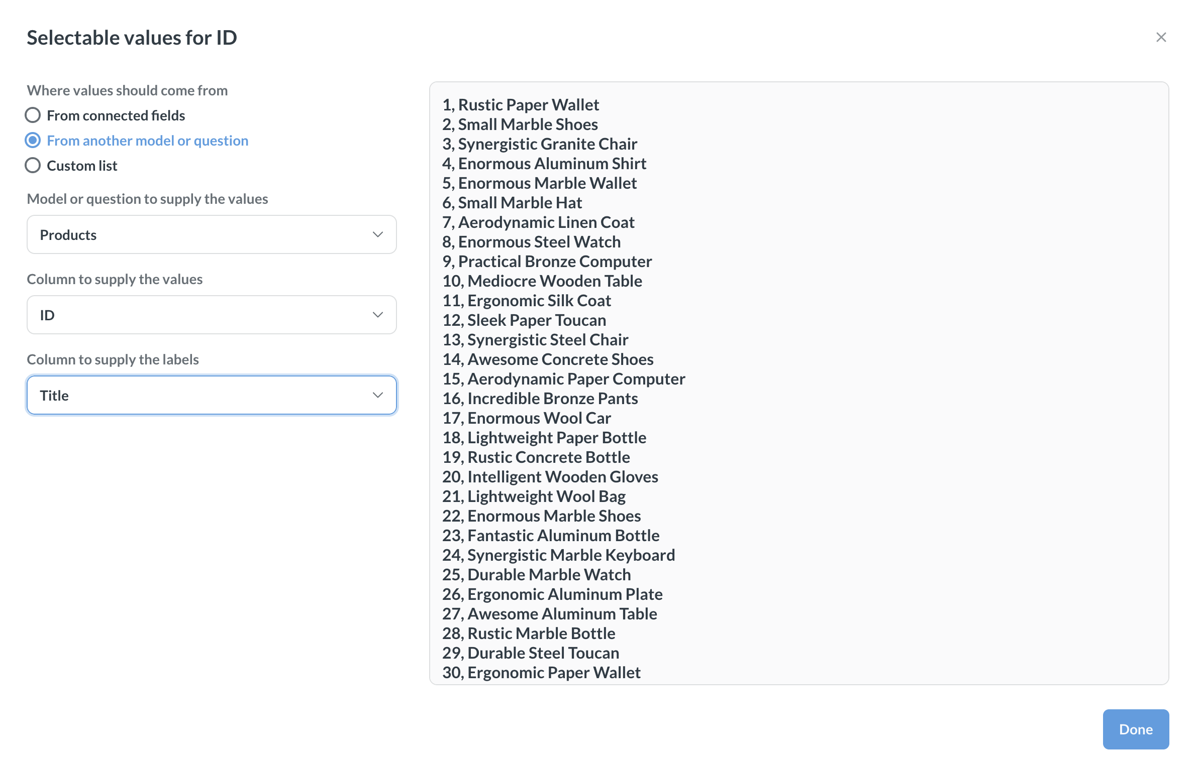 Selectable values