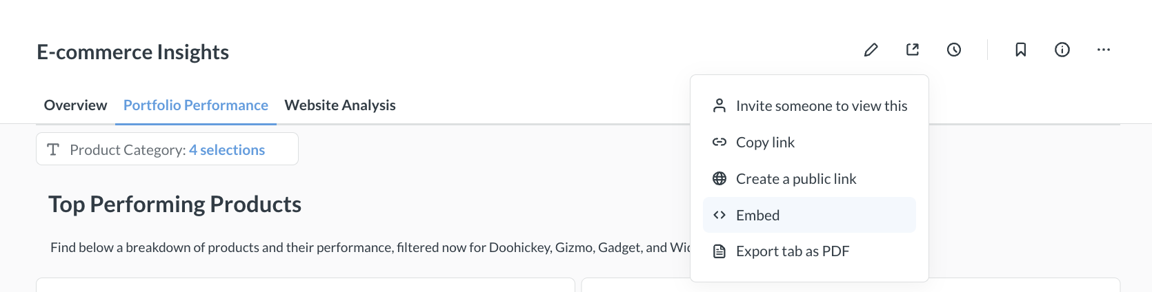 Share button to embed dashboard