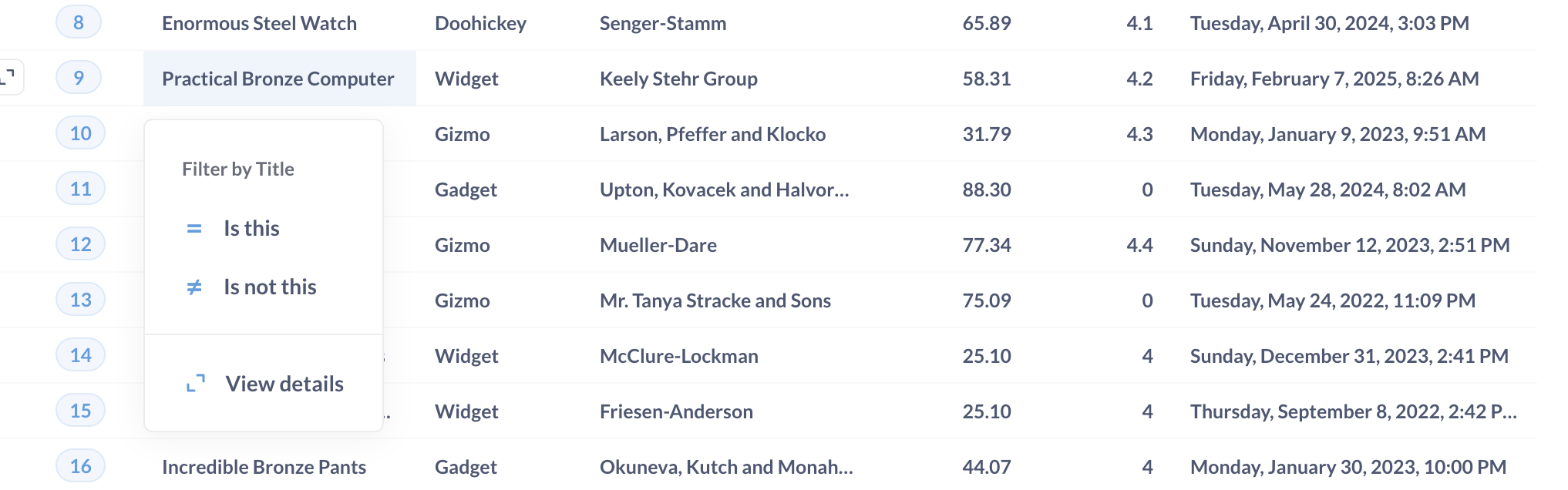 Clicking on a table cell gives you different options depending on the column’s data type