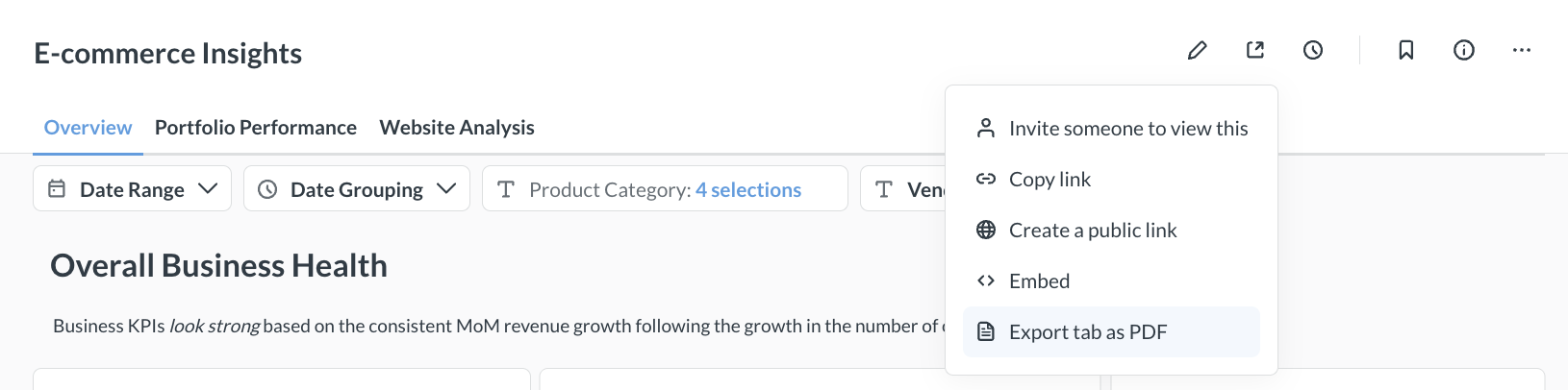 Exporting a dashboard as a PDF